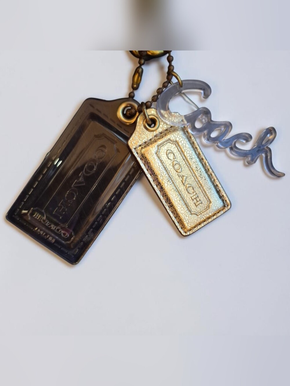 Coach 3-Piece Hang Tag Gold Leather & Clear Arcrylic Smoke Tags COACH Script
